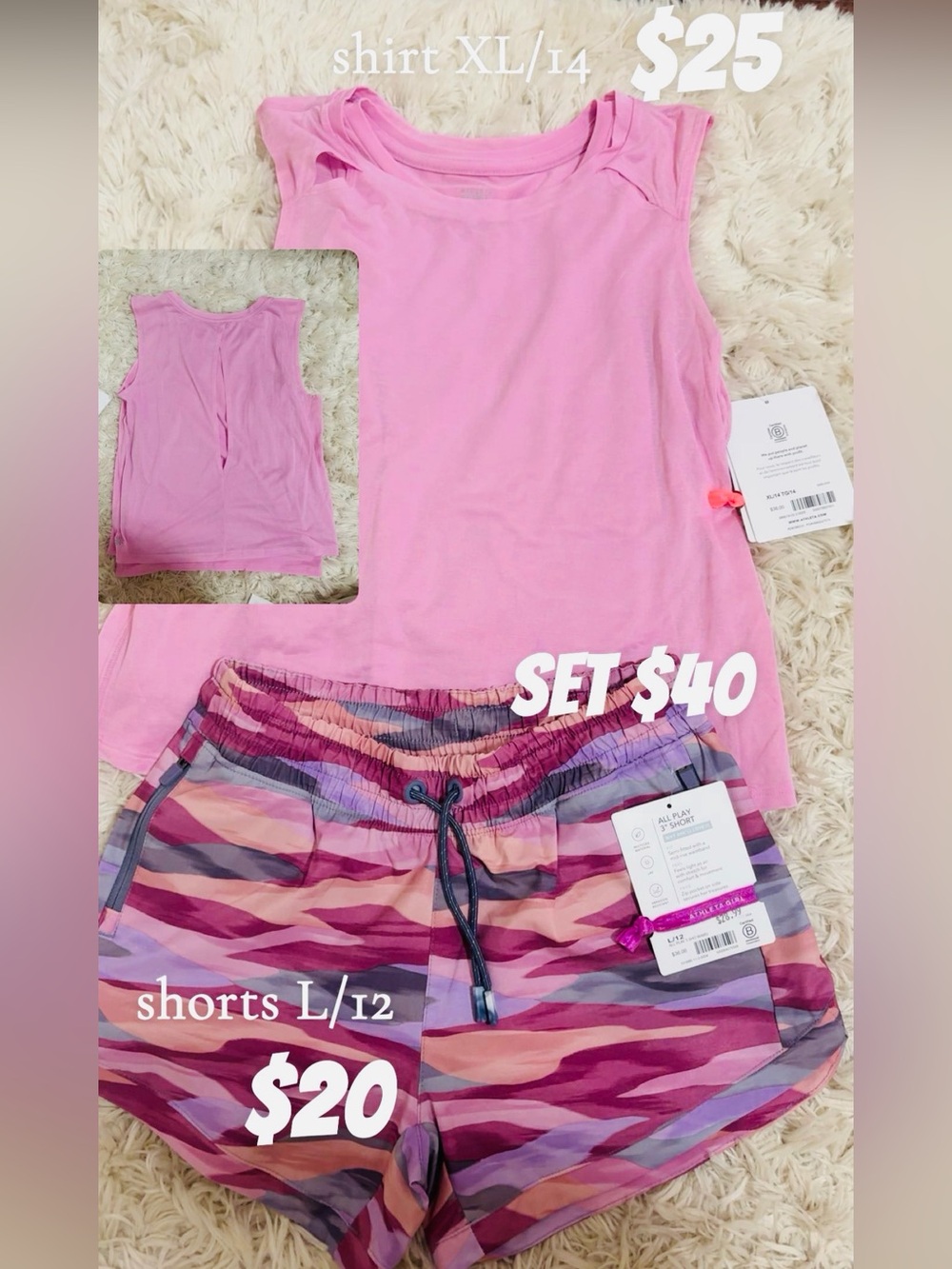 Athleta Girls Pink Tank Top & Multi-Pink Camo Shorts Set